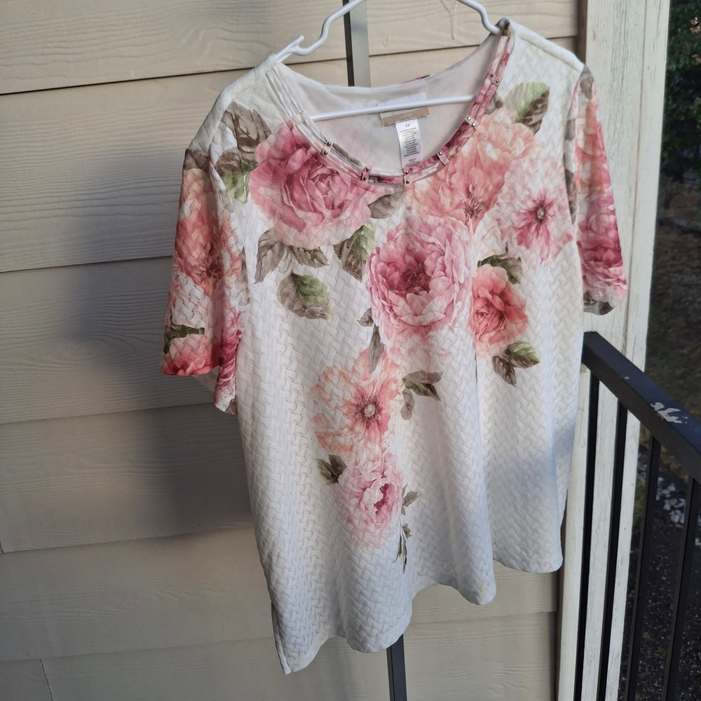 Alfred Dunner‎ Woman 3X White Pink Floral Rose Textured Embellished Top Blouse